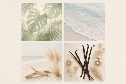 Mood board with four square pictures in one large square, tropical plants, waves, beach, vanilla bean, images should be light and airy with a boho style