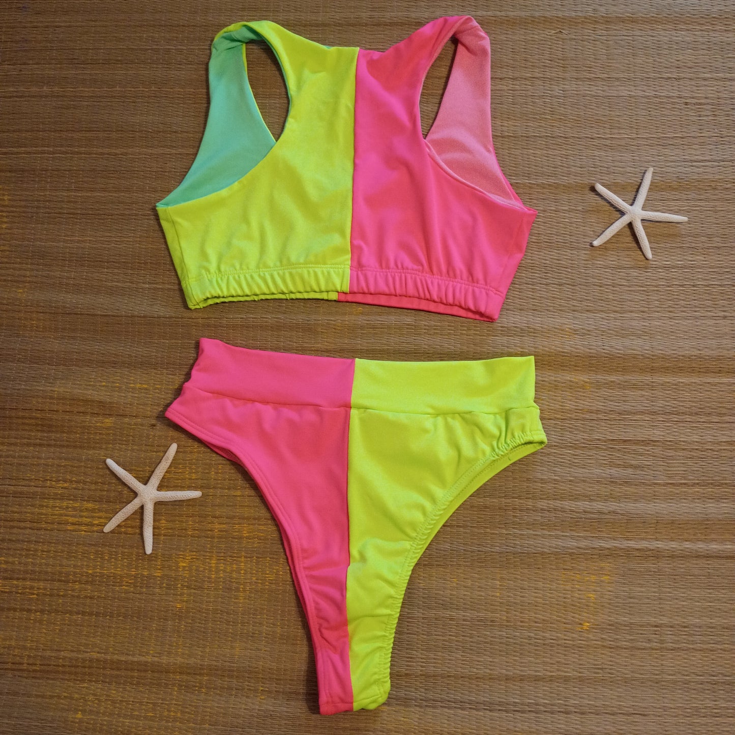 High Waisted 90's Color Block Bikini (Highlighter Yellow and Pink)