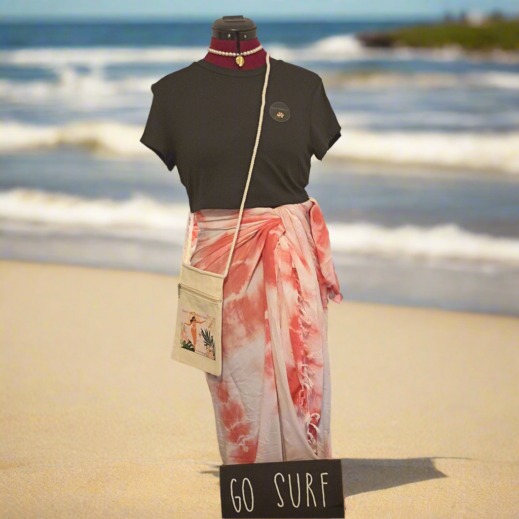 Full Outfit Set (crop top, pareo,crossbody bag, monstera pearl necklace, and Go Surf wooden sign)
