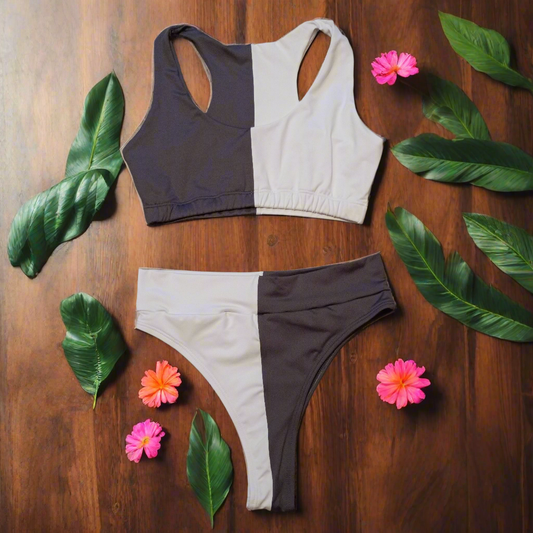 Color Block High Rise Bikini (Cool Gray and White)