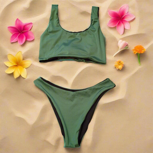 High Rise and Tie Back Handmade Bikini ( Thyme Green and Black)