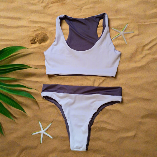 Racer Back Handmade Bikini (Dove White and Cool Gray)