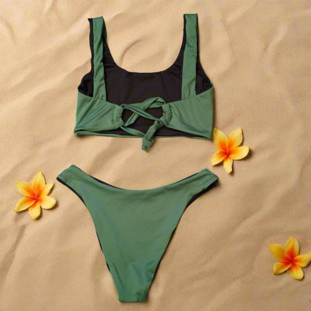 High Rise and Tie Back Handmade Bikini ( Thyme Green and Black)