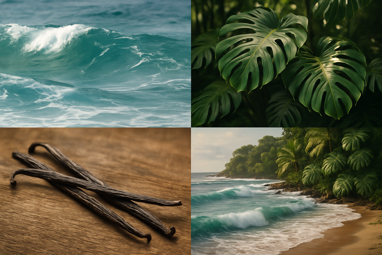 Four images in one square, coastal theme, waves, monsterra leaves in jungle, vanilla bean