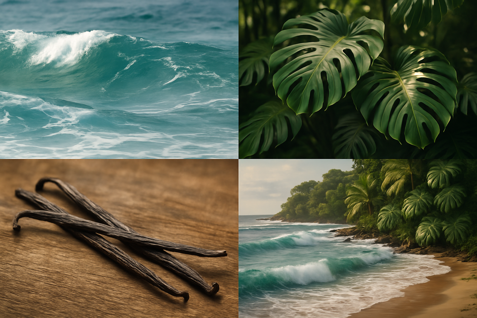 Four images in one square, coastal theme, waves, monsterra leaves in jungle, vanilla bean