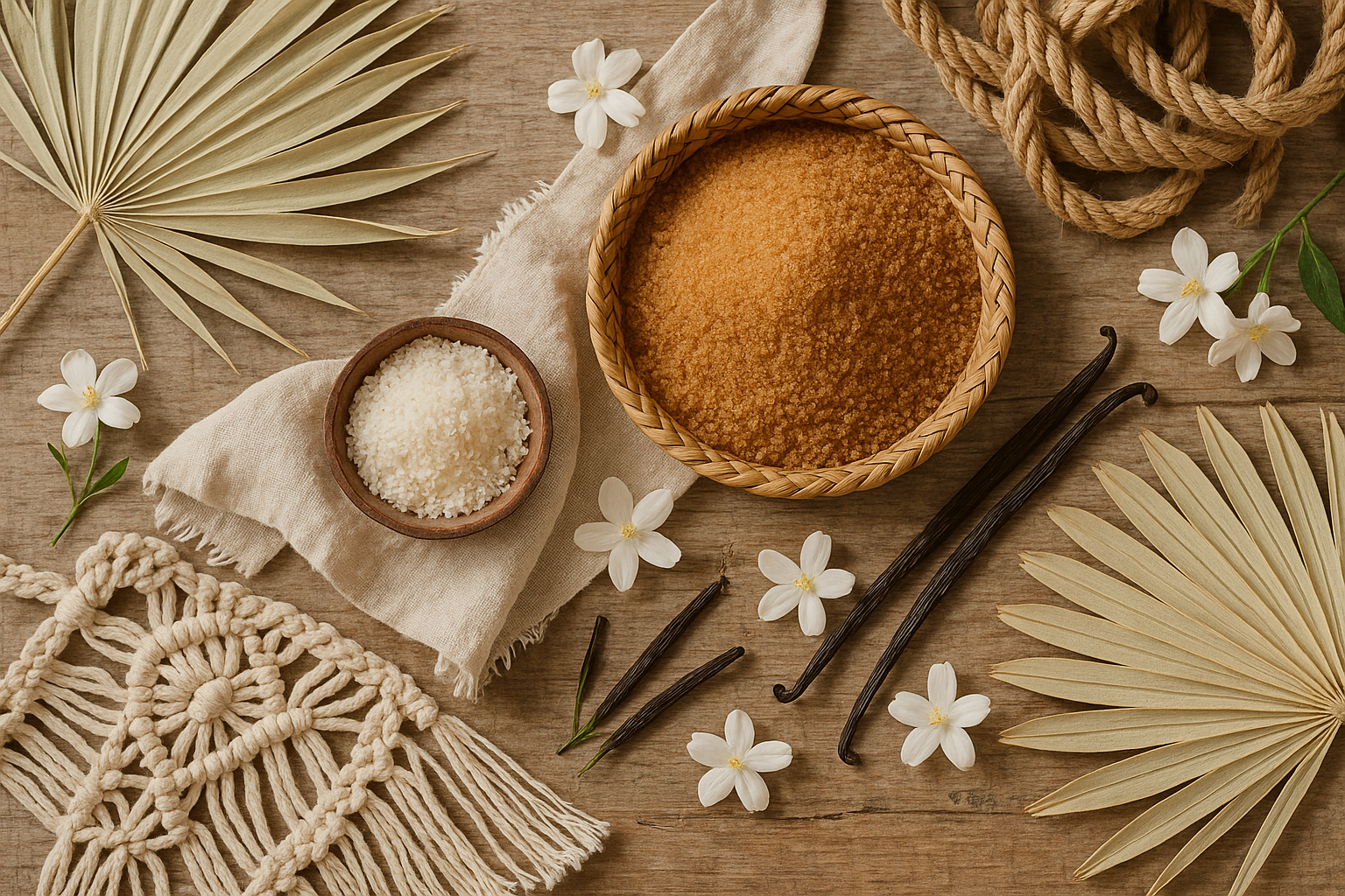 ingredients on a table, boho coastal chic style, coconut sugar, palm leaves, vanilla bean, jasmine flowers