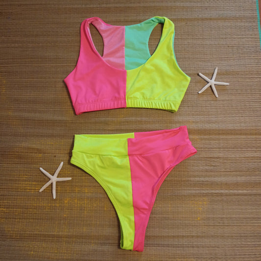High Waisted 90's Color Block Bikini (Highlighter Yellow and Pink)