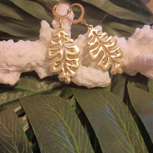 Gold Stainless Steel Tropical Foliage Huggie Style Earrings