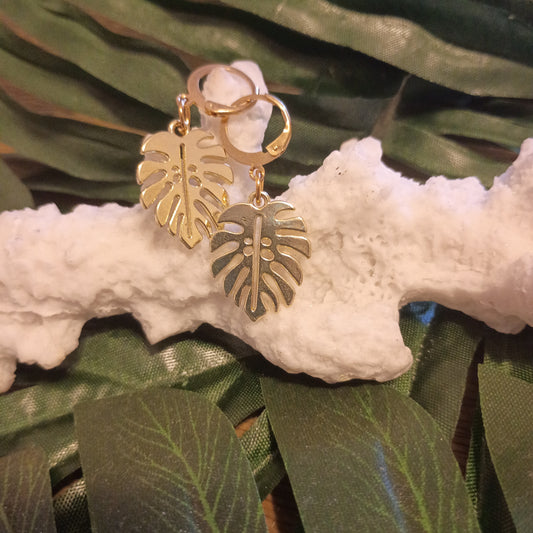 Stainless Steel Monstera Huggie Style Earrings
